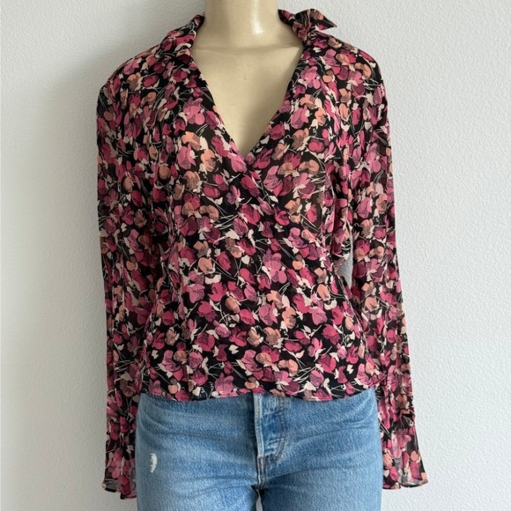LOFT Silk Wrap Blouse 14 Pink Floral Sheer Long Sleeve Whimsigoth Romantic Fairy